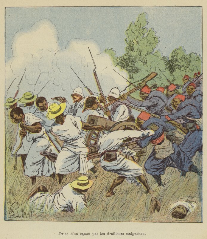 Madagaskarin kiväärimiesten vangitsema tykki tekijältä after Louis Charles Bombled