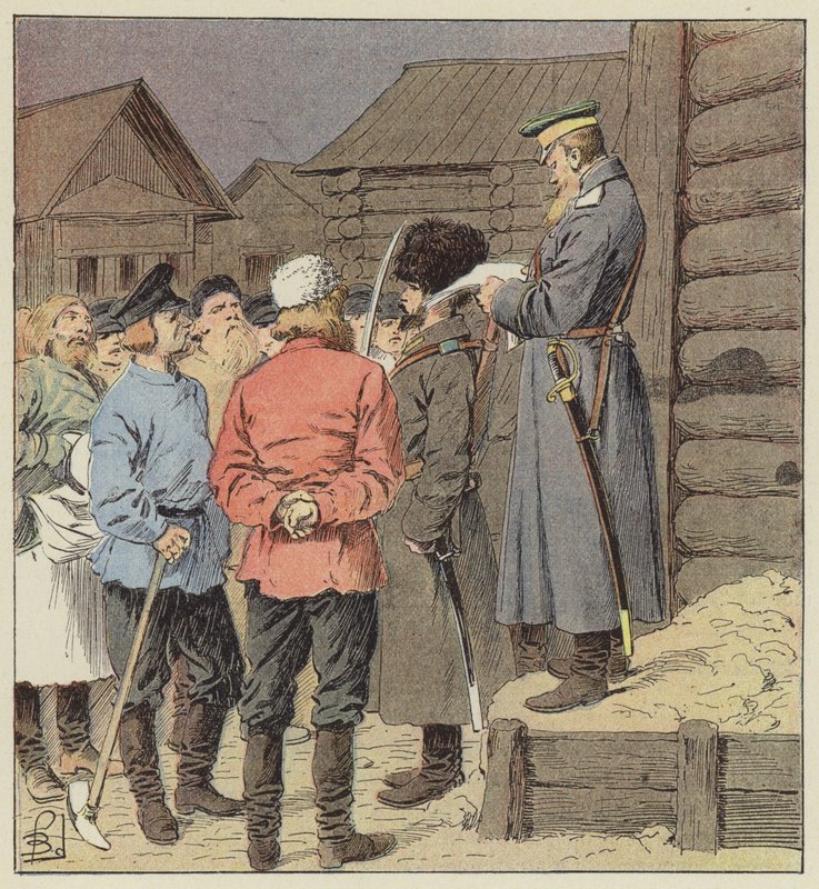 Sodan julistaminen Siperiassa tekijältä after Louis Charles Bombled