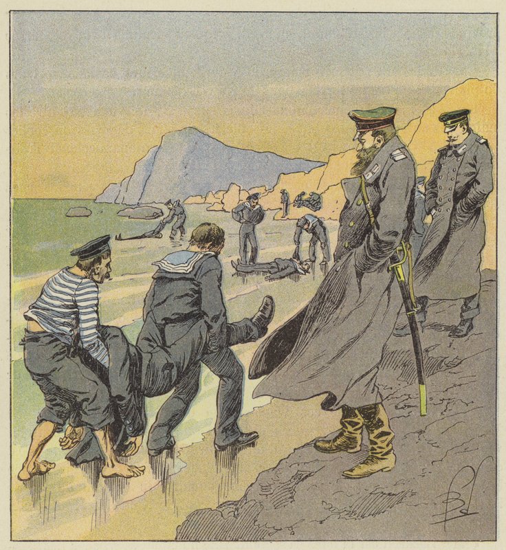 Petropawloskin merimiesten ruumiiden talteenotto tekijältä after Louis Charles Bombled