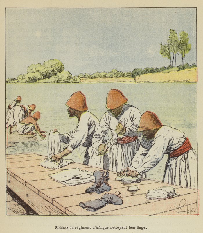 Afrikkalaisen rykmentin sotilaat puhdistavat pyykkiä tekijältä after Louis Charles Bombled