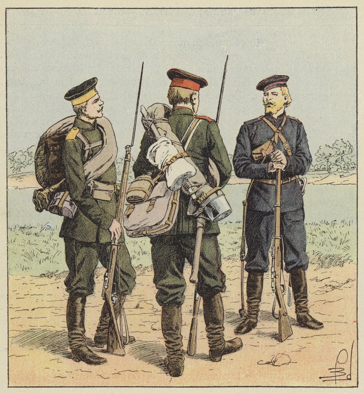 Venäläiset sotilaat kampanjavaatteissa tekijältä after Louis Charles Bombled