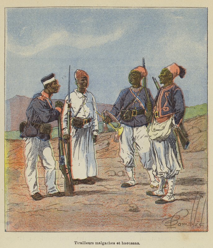 Madagaskarin ja Hausan kahakkaat tekijältä after Louis Charles Bombled