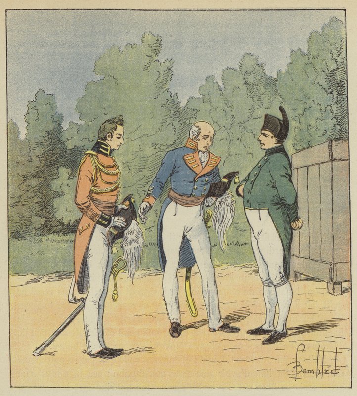 Englantilainen kapteeni esittelee luutnantin Napoleonille tekijältä after Louis Charles Bombled