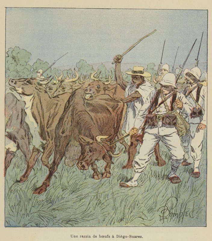 Härkien ratsastus Diego-Suarezissa tekijältä after Louis Charles Bombled