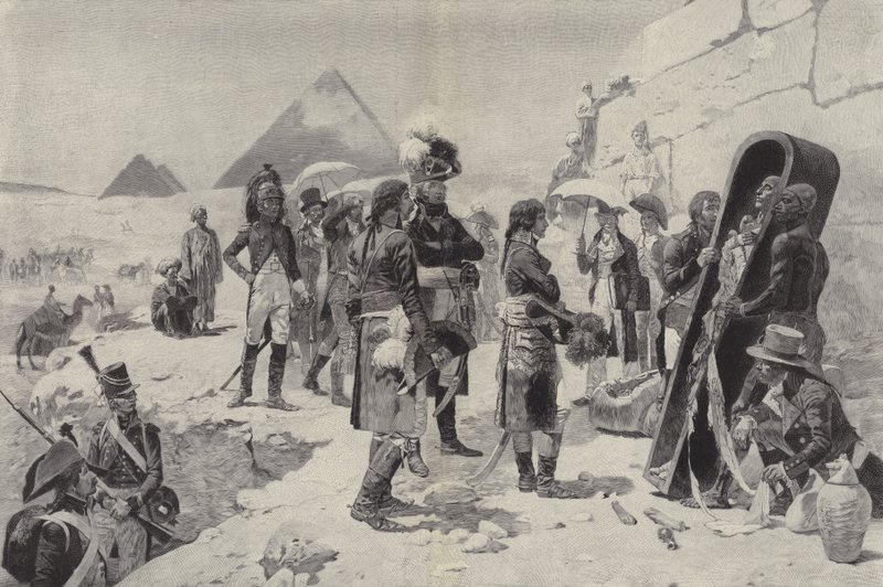 Napoleon Pyramidien edessä faaraon muumion äärellä... tekijältä after Maurice Henri Orange