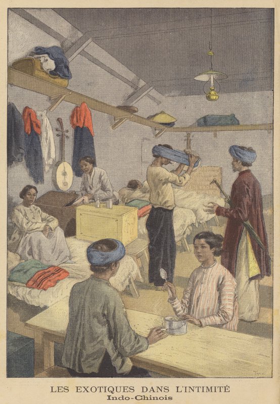 Ranskan Indokiinasta kotoisin olevat ihmiset majoittuessaan Exposition Universelle of 1900 -näyttelyssä Pariisissa tekijältä after Oswaldo Tofani