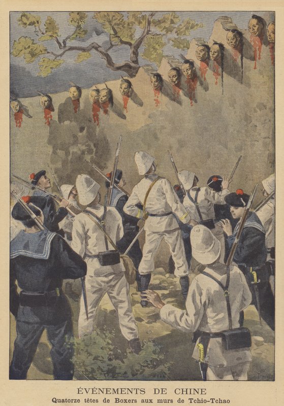 Boxer Rebellion: neljäntoista nyrkkeilijän mestatut päät esillä Tchio-Tchaon seinillä tekijältä after Oswaldo Tofani