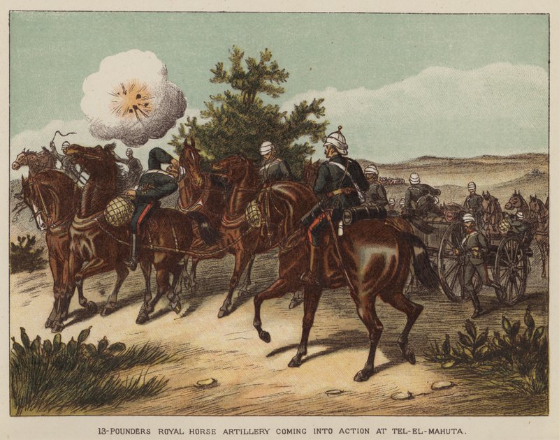 13-punnan Royal Horse Artillery astuu toimintaan Tel-El-Mahutassa tekijältä after Richard Simkin
