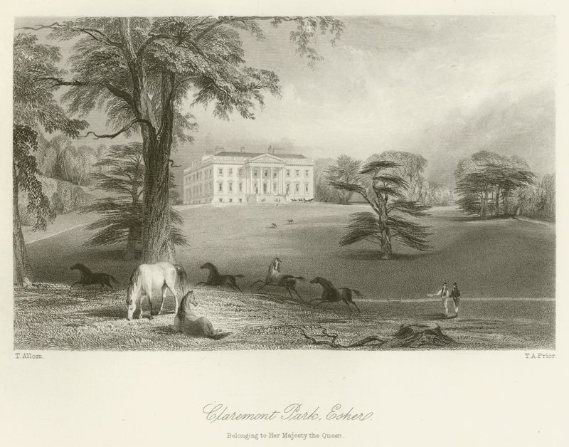 Claremont Park, Esher, joka kuuluu Hänen Majesteettinsa Kuningattarelle tekijältä after Thomas Allom