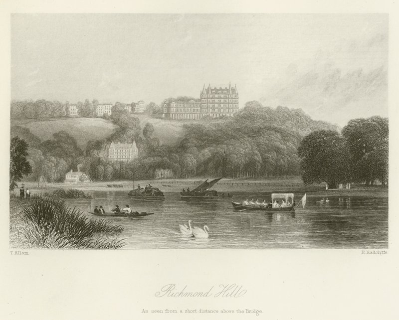 Richmond Hill, nähtynä lyhyen matkan sillan yläpuolelta tekijältä after Thomas Allom