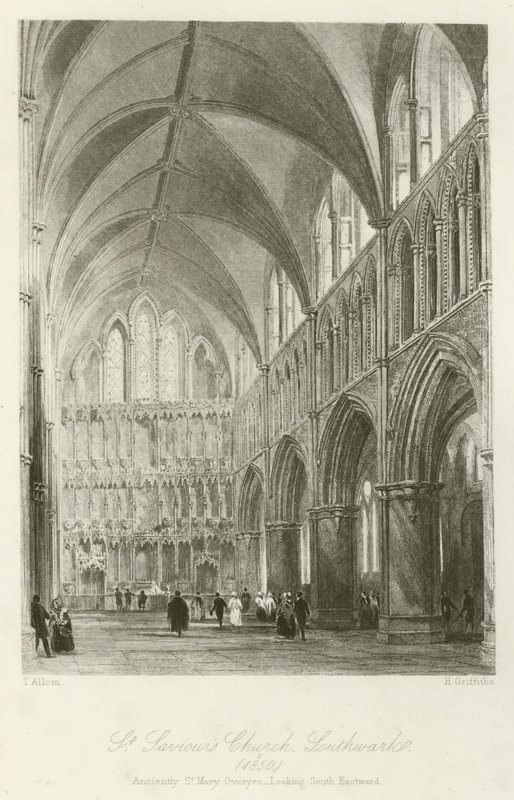 St Saviors Church, Southwark, 1850, muinainen St Mary Overyes, katsoen kaakkoon tekijältä after Thomas Allom