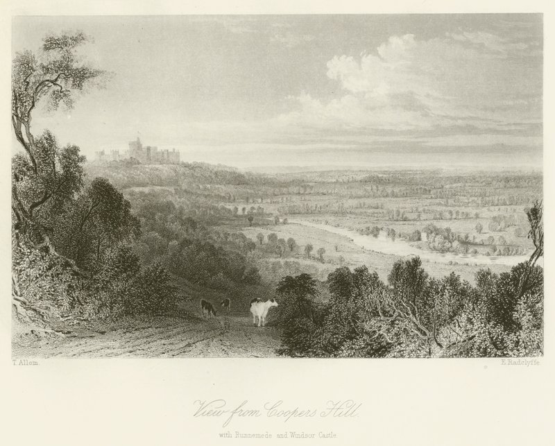 Näkymä Coopers Hilliltä, Runnemedellä ja Windsorin linnalla tekijältä after Thomas Allom