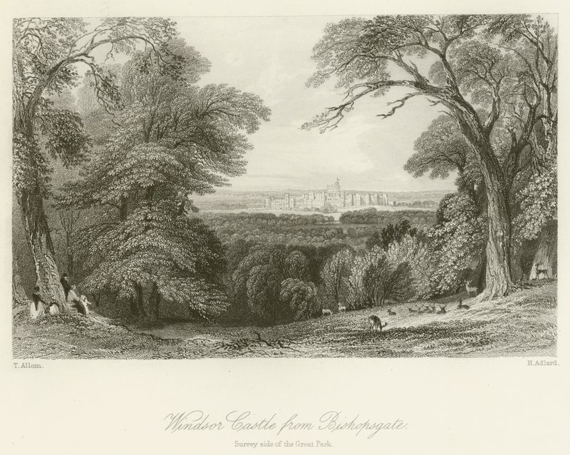 Windsorin linna Bishopsgatesta, Suuren puiston Surreyn puolelta tekijältä after Thomas Allom
