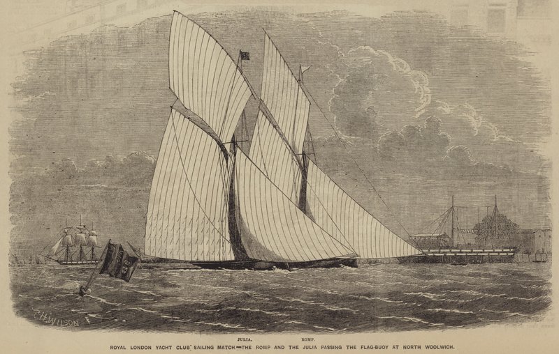 Royal London Yacht Club Sailing Match, Romp ja Julia ohittavat lippupoijun North Woolwichissa tekijältä after Thomas Harrington Wilson