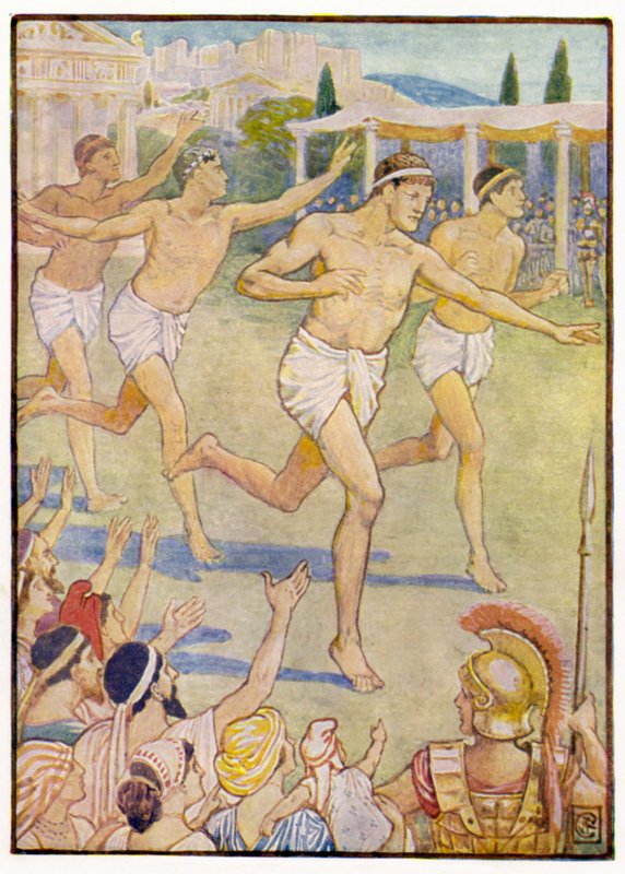 Varhaisina aikoina yksinkertainen jalkakilpailu oli ainoa tapahtuma tekijältä after Walter Crane