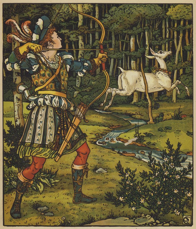 Prinssi Guerrier jahtaa Hindiä metsässä tekijältä after Walter Crane