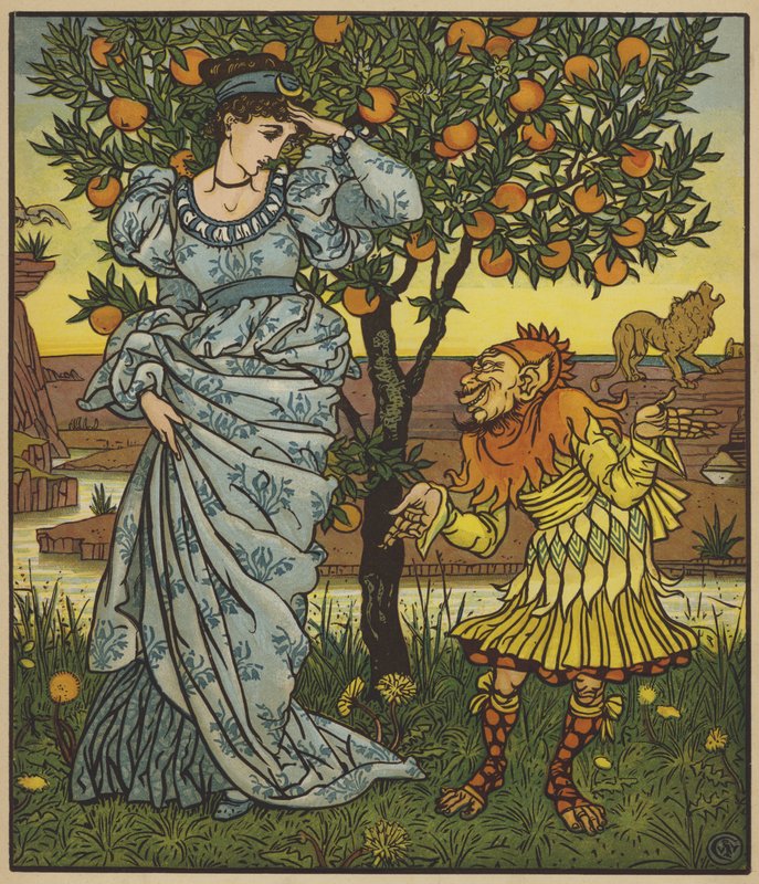 Keltainen kääpiö pelastaa prinsessan leijonien käsistä tekijältä after Walter Crane