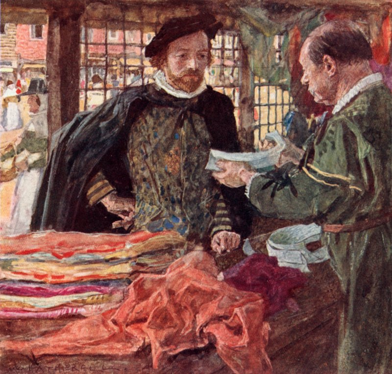 Shakespeare Mercersissä ostaakseen itselleen yhden uusista putoavista kauluksista, jotka korvaavat röyhelöt tekijältä after William Hatherell