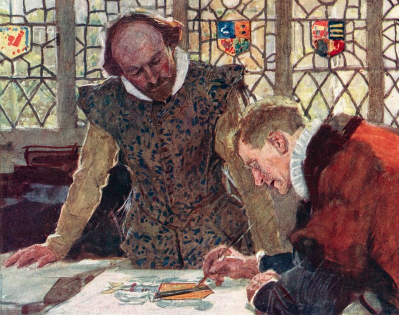 Shakespeare Heralds Collegessa Pauls Wharf Hillillä keskustellakseen isänsä vaakunasta tekijältä after William Hatherell