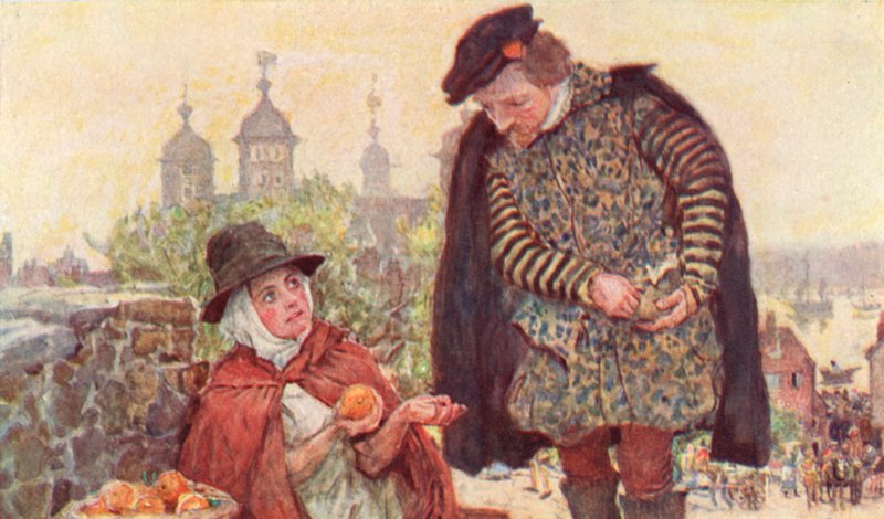Shakespeare ostaa kahden pennin appelsiinin hedelmämyyjältä Tower Hilliltä Lontoosta tekijältä after William Hatherell