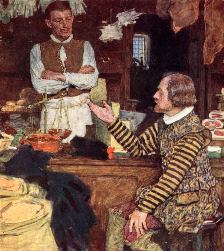 Shakespeare soittaa ruokakauppaan Bucklersburyssa keskustellakseen Stratfordista kotoisin olevan oppipoika John Sadlerin kanssa. tekijältä after William Hatherell
