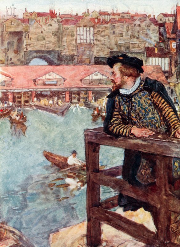 Shakespeare katselee vesimyllyjä London Bridgen alla tekijältä after William Hatherell