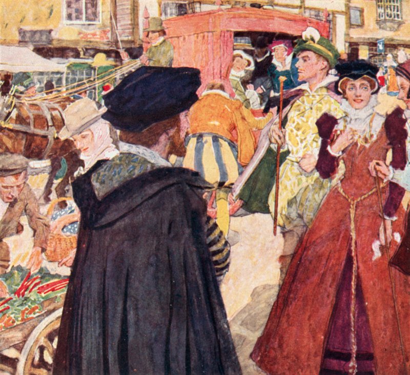Shakespeare tarkkailemassa foppien typerää muotia ja temppuja Ludgate Hillillä Lontoossa tekijältä after William Hatherell