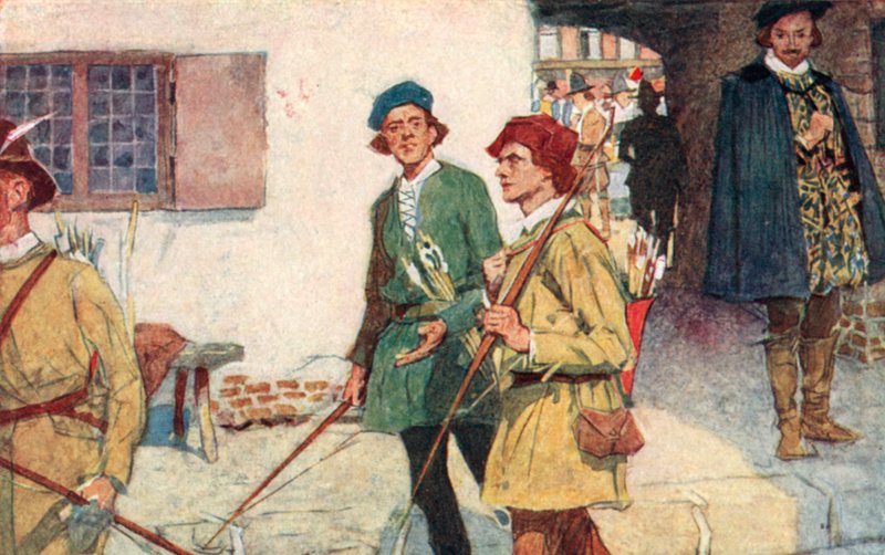 Shakespeare näkee joukon harjoittelijoita jousineen ja nuoleineen menossa jousiammuntakentille Moorfieldsissä Lontoossa tekijältä after William Hatherell