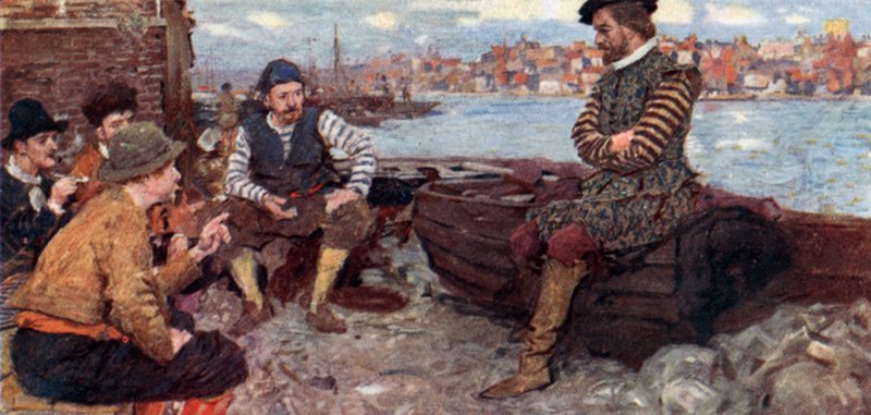 Shakespeare keskustelee joidenkin Raleighin miesten kanssa Espanjan pääkadulta tekijältä after William Hatherell
