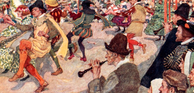 Shakespeare katselee Morris Dancea Maypolessa Cornhillissä Lontoossa tekijältä after William Hatherell