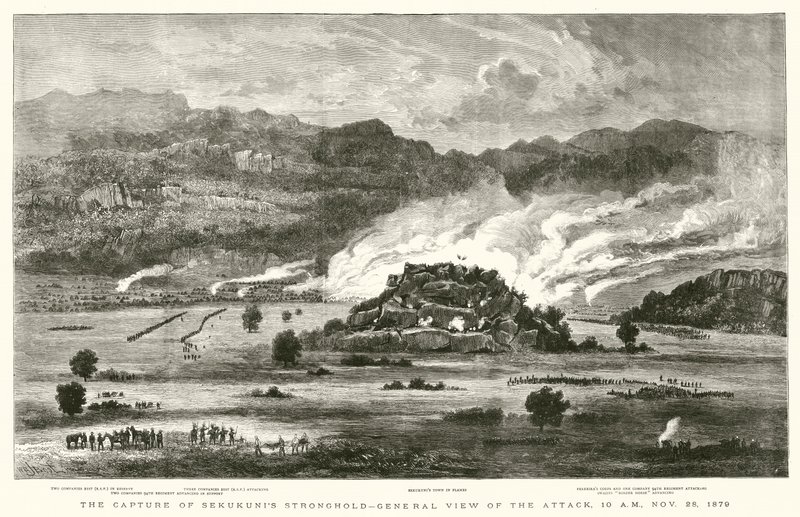 Sekukunisin linnakkeen vangitseminen, yleinen näkymä hyökkäyksestä, 10.00, 28. marraskuuta 1879 tekijältä after William Henry James Boot