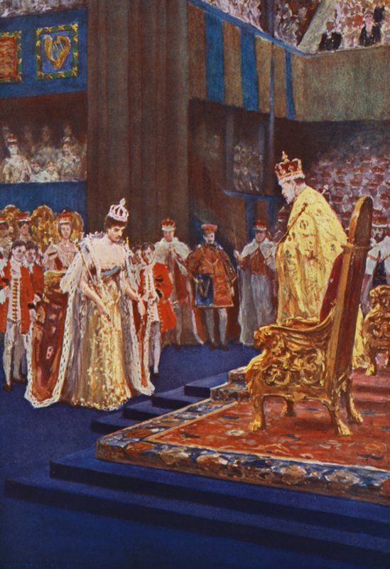 Kuningatar Alexandra kumartaa kuningas Edward VII:lle matkalla valtaistuimelleen tekijältä after William Henry Margetson
