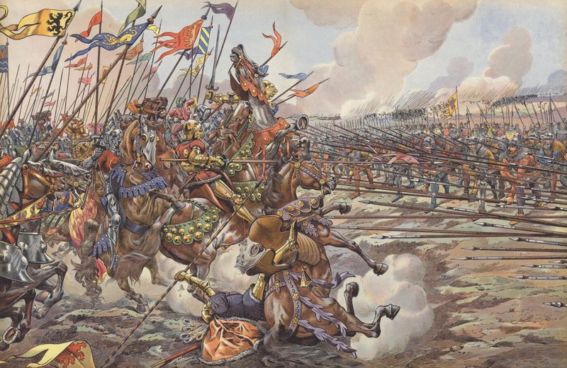 Kaarle Rohkean Burgundialaiset ritarit, jotka sveitsiläiset haikerit tuhosivat pojanpojan taistelussa, 1476 tekijältä Onfray de Breville Job