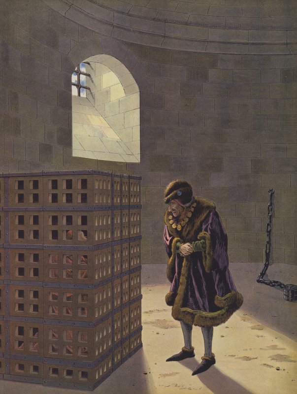Ludvig XI katselemassa kardinaali Baluet, joka on vangittu rautahäkkiin Chateau d"Onzainin vankityrmissä, koska hän oli kiehtonut vihollisensa Kaarle Rohkean, Burgundin herttuan kanssa. tekijältä Onfray de Breville Job