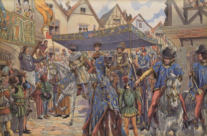 Väkijoukkoja Pariisin kaduilla tervehtimässä Ludvig XI:tä tämän saapuessa Burgundiasta vaatimaan valtakuntaansa isänsä Kaarle VII:n kuoleman jälkeen (värilitho) tekijältä pseudonym for Onfray de Breville Jacques Job