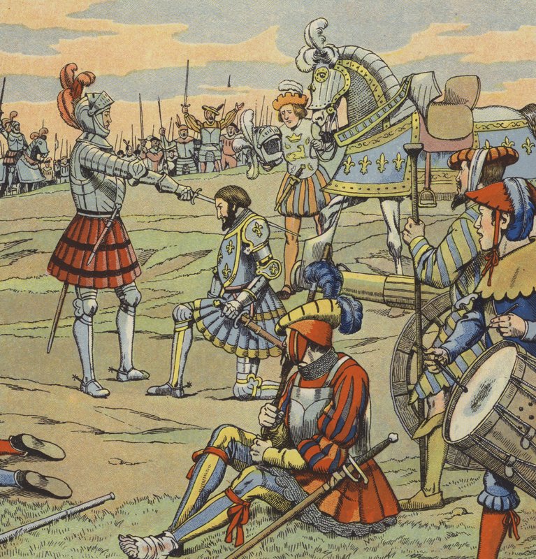 Ranskan kuningas Francis I sai ritarikunnan Chevalier de Bayardilta Marignanon taistelun jälkeen tekijältä pseudonym for Onfray de Breville Jacques Job
