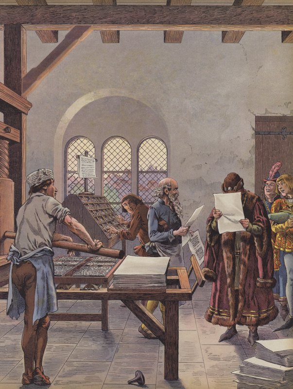 Kuningas Ludvig XI lukee puristimeen painettua asiakirjaa (värilitho) tekijältä pseudonym for Onfray de Breville Jacques Job