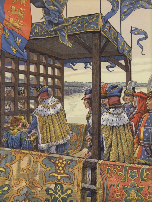 Ranskan Ludvig XI ja Englannin Edward IV tapaavat allekirjoittaakseen Picquignyn sopimuksen puuaiteen molemmin puolin tekijältä pseudonym for Onfray de Breville Jacques Job