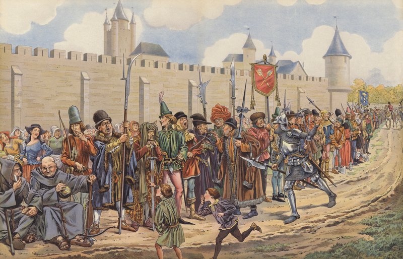 Ludvig XI nosti armeijan Pariisin kansalaisista (väri litho) tekijältä pseudonym for Onfray de Breville Jacques Job