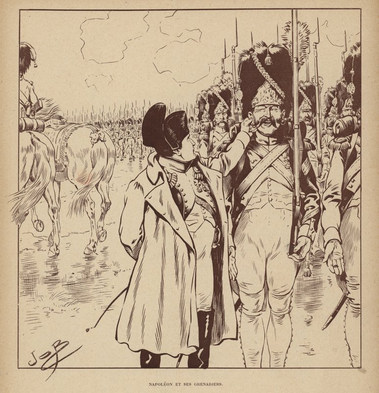 Napoleon ja hänen Grenadiers (litho) tekijältä pseudonym for Onfray de Breville Jacques Job