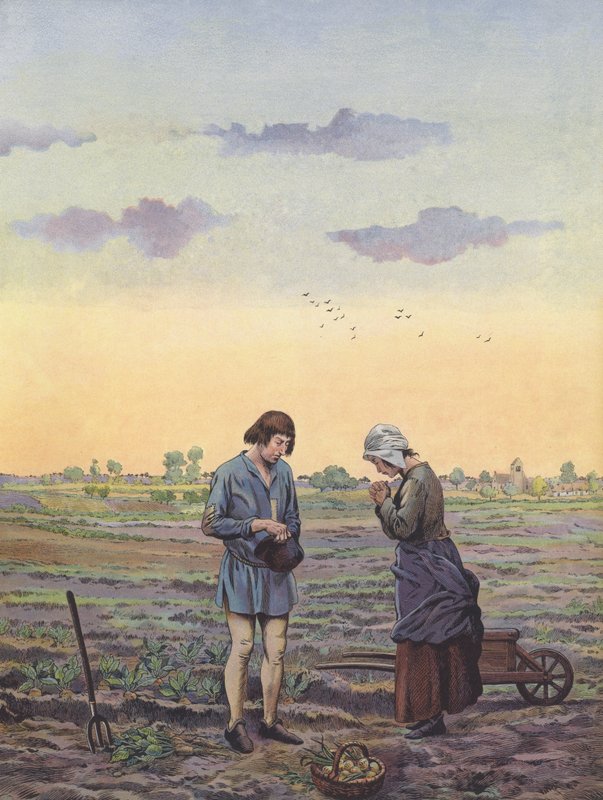 Talonpojat pysähtyvät työstään pelloilla rukoilemaan kuninkaan käskyn mukaan (väri litho) tekijältä pseudonym for Onfray de Breville Jacques Job