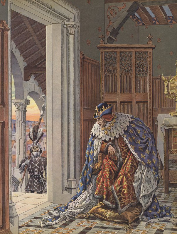 Ikääntynyt Ranskan kuningas Ludvig XI pelkäävät kuolemaa (värilitho) tekijältä pseudonym for Onfray de Breville Jacques Job