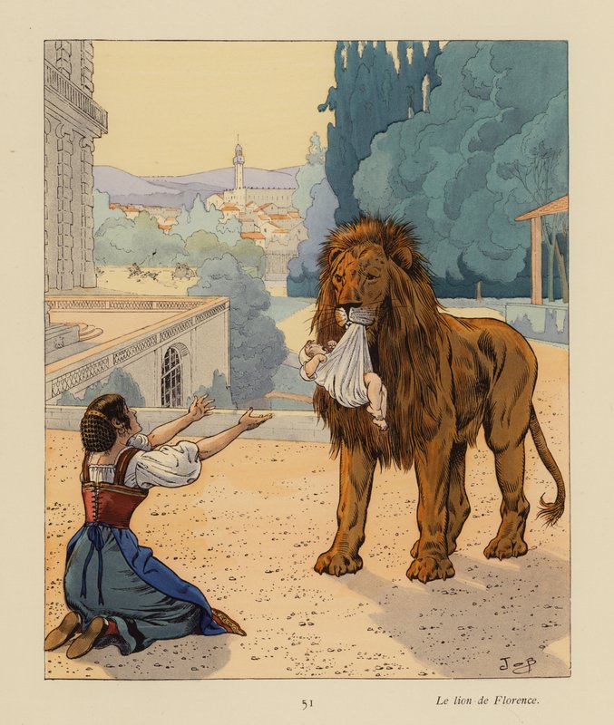 Firenzen leijona (värilitografia) tekijältä pseudonym for Onfray de Breville Jacques Job
