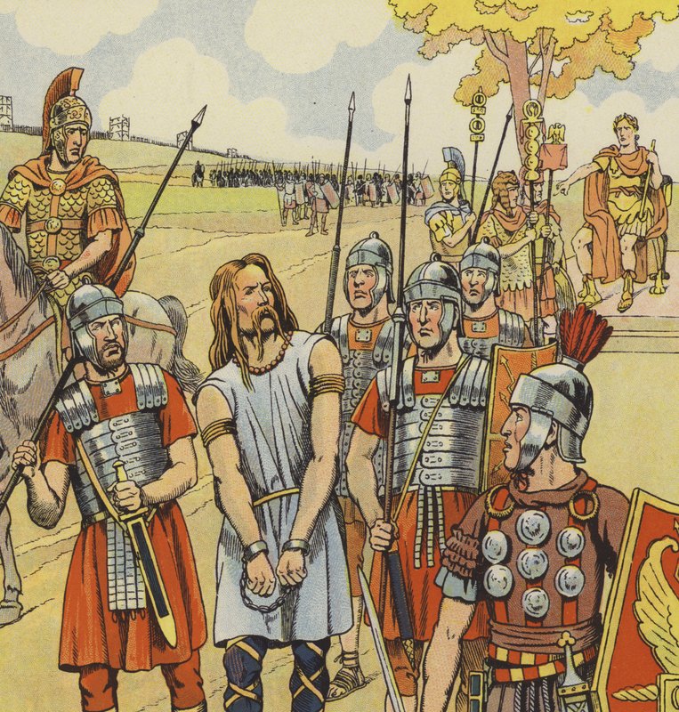 Vercingetorix antautuu Julius Caesarille, 52 eKr. (väri litho) tekijältä pseudonym for Onfray de Breville Jacques Job