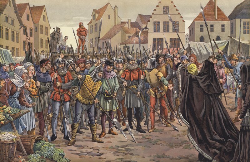 Maria, Burgundin herttuatar, rukoilee Gentin kansaa kahden isänsä valtuutetun hengen puolesta, jotka olivat olleet kirjeenvaihdossa Ranskan kuninkaan Ludvig XI:n kanssa tekijältä pseudonym for Onfray de Breville Job