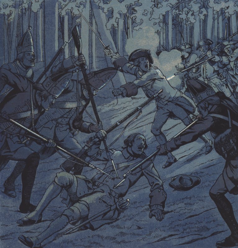 Kersantti Dubois ja Chevalier d"Assas Kloster Kampenin taistelussa, 1760 tekijältä pseudonym for Onfray de Breville Job