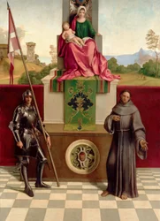 Madonna ja lapsi Pyhän Franciscuksen ja Pyhän Nikasiuksen välillä (Castelfranco Madonna) n. 1503-04 (öljy puulle)