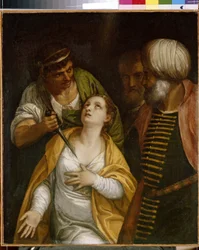 Pyhän Justinuksen marttyyri. Justina Padovalainen (syntynyt 3. vuosisadalla-304), antiikin Rooman marttyyri, lävistettiin miekalla. Paolo Veronesen (1528-1588) maalaus öljy kankaalle. italialainen taide (Venetsia)