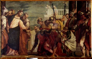 Jeesus Kristus ja sadanpäällikkö. Kapernaumin sadanpäällikkö pyysi Jeesusta parantamaan halvaantuneen palvelijansa. Paolo Veronesen (1528-1588) maalaus, 1500-luku. Mitat: 1,92 x 2,97 m. Madrid, Prado-museo