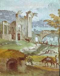 Maisema Bacchuksen huoneesta. Paolo Caliarin maalaus nimeltä Paolo Veronese (1528-1588), noin 1561. Fresco Maser (Treviso), Villa Barbaro, Bacchuksen huone